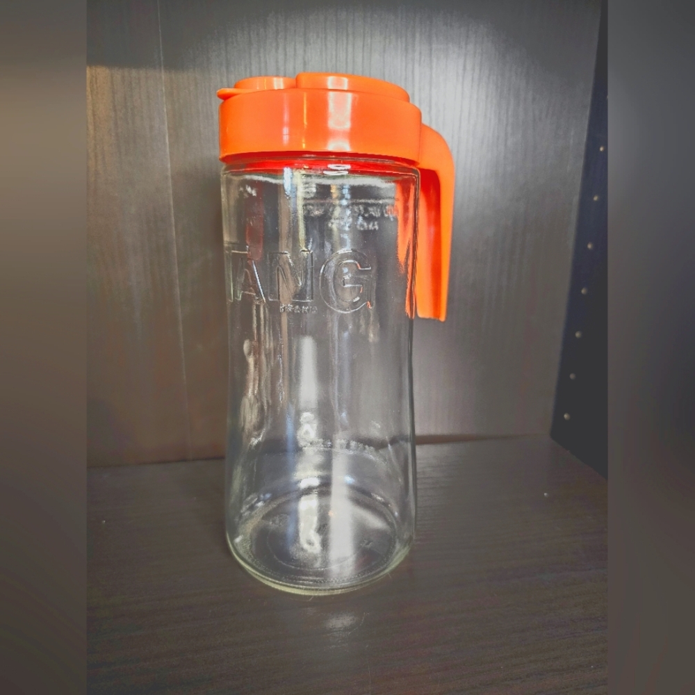 Anchor Hocking Vintage TANG Glass Pitcher with Orange Flip Lid and Handle